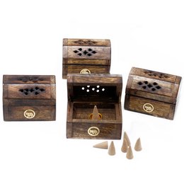 Mango wood incense cone smoke box with intricate cutout designs, suitable for storing and burning incense cones.