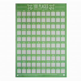 A green scratch poster with 100 places to scratch off and discover. The poster has a simple, minimalist design with a white background and green grid-like layout.