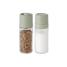 A 2-piece salt and pepper set with a sleek, minimalist design. The set features a white ceramic body with a light green accent, and includes a salt grinder and a pepper grinder.