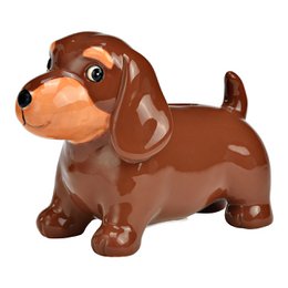  A brown ceramic dachshund-shaped money box with large eyes and a friendly expression. The box is designed to hold coins and has dimensions of 18x13x9cm.