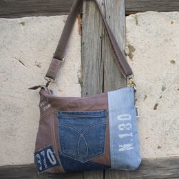 Sunsa Bæredygtig Skuldertaske til kvinder. Skuldertaske lavet af genbrugte jeans & canvas (canvas). Håndtaske i vintage retro stil. Crossbody taske til kvinder.