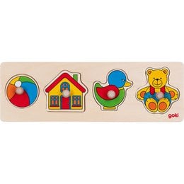 This image depicts a wooden puzzle with various toy-themed shapes and objects, including a ball, a house, and a teddy bear. The puzzle pieces are colorful and appear to be designed for young children.