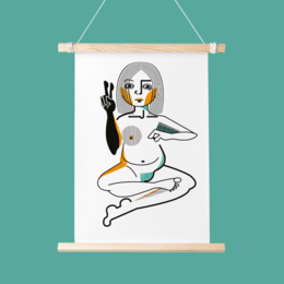 Wall art featuring a stylized abstract figure with geometric shapes and patterns. The artwork has a modern, minimalist aesthetic with a focus on color, form, and composition.