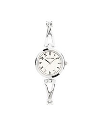 Silver-toned women's watch with a round face, slim bangle-style bracelet, and analog display.