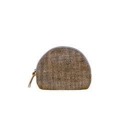 A small, semi-circular cosmetic case made of herringbone-patterned fabric in a black color. The case has a zipper closure and a gold-toned metal zipper pull.