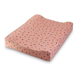 Soft pink changing mat with small heart and animal print pattern, padded cotton fabric for babies.