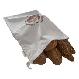 Reusable organic cotton bread bag with printed design.