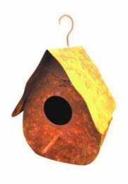 Colorful, textured birdhouse with a rounded shape and a large opening for birds to enter. Made of natural materials like wood and straw, providing a cozy shelter for feathered friends.