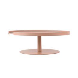  A round, blush-colored cake stand with a single level, suitable for displaying cakes or other baked goods.