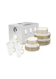 Set of 36 raw white and gold dinnerware plates, bowls, and cups in a modern, minimalist style.