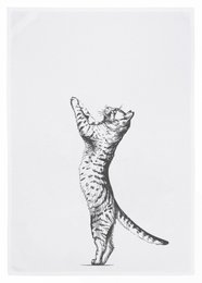 Gray and white striped cat tea towel with a playful cat design.