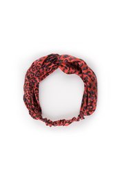 Vibrant red leopard print headband with flared sleeves and a textured fabric for a stylish and eye-catching accessory.