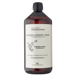 Natural laundry liquid with eucalyptus dives and geranium scents, 1000ml bottle.