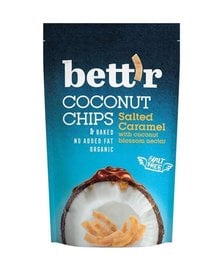 Coconut chips with salted caramel flavor, organic, 70g package by Bett'r brand.