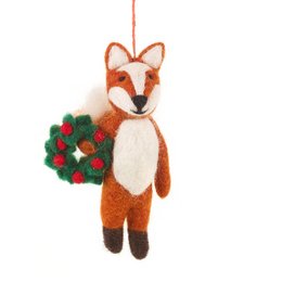 Handmade felt biodegradable Christmas Finley festive fox hanging decoration. The product is an ornament featuring a felt fox figure with a wreath. The fox is orange and white in color, with a festive design.