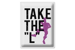  White tin sign with black text "Take the L" and purple pixelated figure, rectangular wall decor