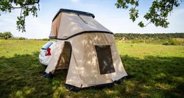  Beige hardtop tent, 5-person capacity, spacious interior, outdoor camping shelter, family-sized play tent.