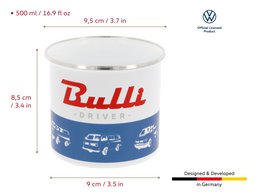 Enamel mug featuring the classic Volkswagen T1 Bus design in blue and white with the "Bulli" logo. Measures 8.5 cm in height and has a capacity of 500 ml. Comes in a gift box.