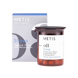 Metis Sleep 08 is a supplement product that comes in two variants - Start and Eco-refill. The product is packaged in a glass jar with a blue and white label. The supplement appears to contain small round capsules or tablets.