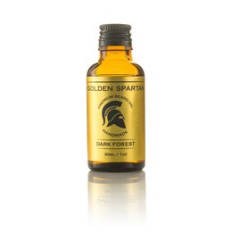 Dark forest premium beard oil, amber-colored liquid in glass bottle with black cap, designed for beard care.