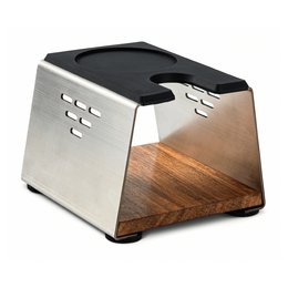 Stainless steel and wood tamper pressing station for portafilters up to 58 mm. Designed for coffee enthusiasts to evenly tamp espresso grounds.