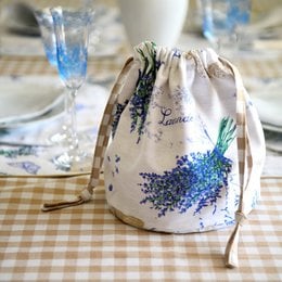 Lavender beige gingham pattern fabric bread box with drawstring closure, rustic kitchen storage