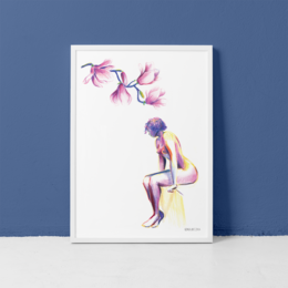 A colorful, abstract painting of a woman with flowing hair and flowers. The painting has a nostalgic, artistic style and is available in two size variants.