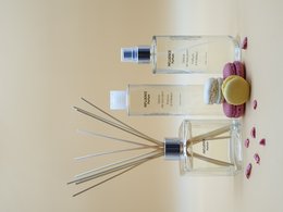 Elegant diffuser and spray set with macaroon-inspired scent. Features glass diffuser, essential oil spray, and decorative elements in pastel colors.