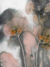 Soft, abstract floral wall art featuring muted pink, grey, and orange tones. The artwork has a dreamy, ethereal quality with blurred, textured petals and stems.
