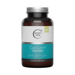 Calcium+ supplement in a brown bottle with a teal label. Contains calcium and other essential vitamins and minerals to support bone health.