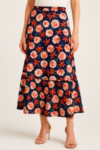 Jupe BONIA  longue évasée à étages – Imprimé multicolore Made in France