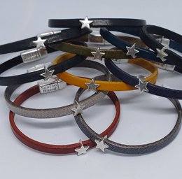 Semplice leather bracelet with tiny star charm in antique silver. Available in various colors including black tumbled, olive, dark blue, bonita blue, vintage black tumbled, mountain grey, country grey, bordeaux, vintage tumbled grey, and oker.