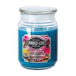 A large, round, tall scented candle in a glass jar with a blue label. The candle is labeled "Autumn Flannel" and has a weight of 510g.