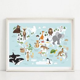 Wereldkaart poster dieren A3
