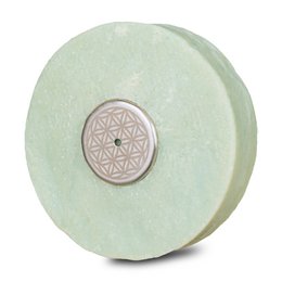  Decorative round soap plate with flower of life pattern, made of ceramic material, suitable for use with magnetic soap holders.