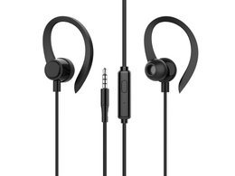 Black stereo earphones with microphone, 3.5mm jack, ear-hook design, high fidelity audio cable