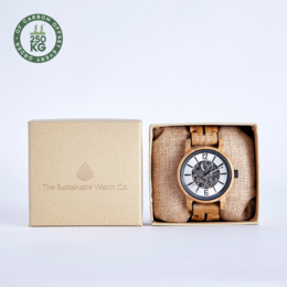 Handmade wood vegan mechanical watch with a round face and a wooden band.