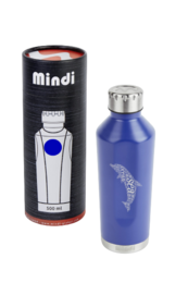 Blue thermos bottle with laser engraved oceansea design, 500ml capacity.
