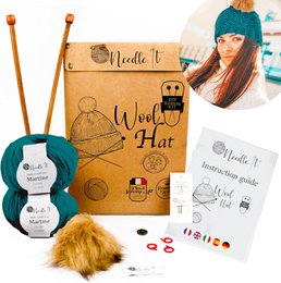  "A complete knitting kit for a wool hat, including needles, yarn, and instructions. The kit is suitable for both children and adults, and the yarn is made of French wool in a green color."

The product is a NEEDLE IT® Complete Hat Knitting Kit, which includes everything needed to knit a wool hat. The kit contains needles, balls of yarn, and detailed instructions. The yarn is made of French wool and is in a green color. The kit is suitable for both children and adults to create their own knitted hat.