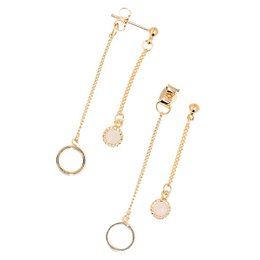 Pink aventurine drop earrings with gold-tone chain and circular charms.