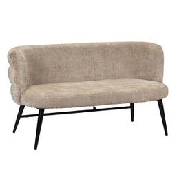 Cream-colored two-seater sofa with a plush, textured fabric upholstery and black metal legs.