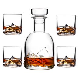 A glass decanter set with 4 matching glasses, perfect for serving and enjoying whiskey. The set includes a 1.0L decanter and 4 glasses, each with a capacity of 270ml. The elegant and modern design makes this an ideal gift for whiskey enthusiasts.