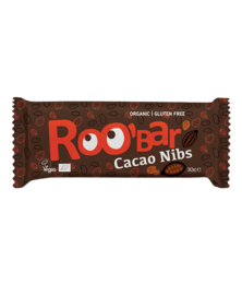 Organic cacao nibs bar, dark brown in color, rectangular in shape, with the brand name "Roobar" printed on the packaging.