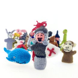 Assorted colorful finger puppets, including a plush lion puppet with a soft, fuzzy texture and a friendly expression.
