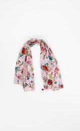 Floral cotton scarf in a fantasy pink color, featuring a vibrant and whimsical floral pattern with a variety of blooms and abstract shapes.