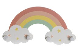 Multicolored wooden coat rack with rainbow and cloud design, suitable for wall mounting.