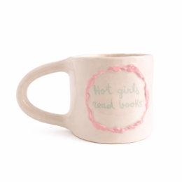Cream ceramic mug with pink circular text "hot girls read books" design, handmade, 450ml capacity, book lover gift.