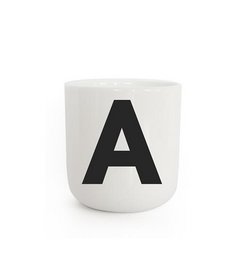 White ceramic mug with large black letter 'A' printed on the front. Suitable for hot and cold beverages.