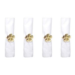  Set of 4 golden flower napkin rings made of metal with a floral design, suitable for formal dining or special occasions.