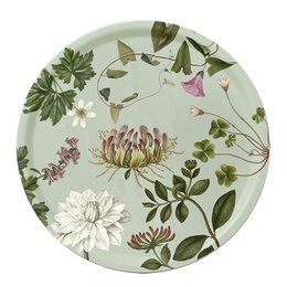 A round serving tray featuring a botanical design with various flowers and leaves in shades of green, brown, and pink.